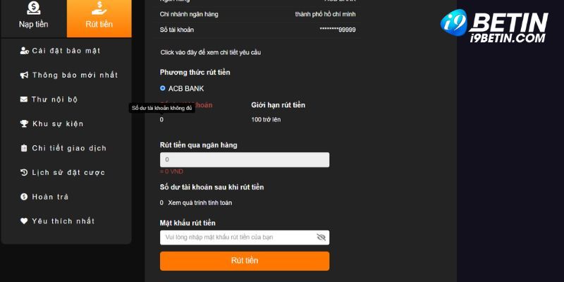 Thông tin về rút tiền được yêu cầu điền đầy đủ, chính xác